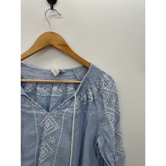Joie Flowy Linen Embroidered Tassled Blouse Blue Costal Boho Women Size Small - Picture 4 of 7